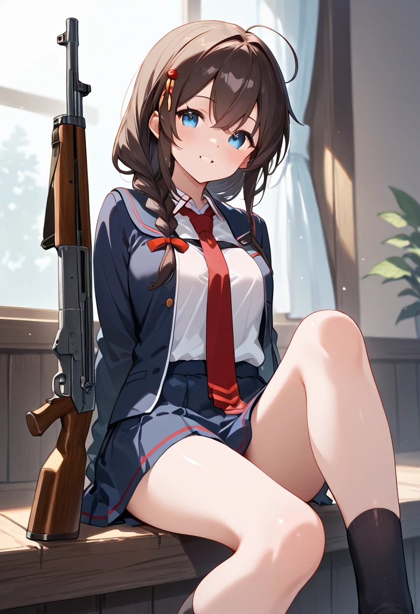 cutesexyrobutts style, takeba_yukari, 1girl, holster, thigh_holster, choker, solo, skirt, brown_hair, smile, cardigan, brown_eyes, looking_at_viewer, crossed_legs, shirt, jewelry, school_uniform, earrings, thighs, sitting, bow, bangs, short_hair, blush, white_shirt, thigh_strap, pink_cardigan, collared_shirt, clothes_lift, holstered_weapon, breasts, red_bow, black_skirt, white_choker, skirt_lift, long_sleeves, collarbone, weapon, socks, grin, gun, dress_shirt, bowtie, gekkoukan_high_school_uniform, red_bowtie, lifted_by_self, white_background, open_clothes