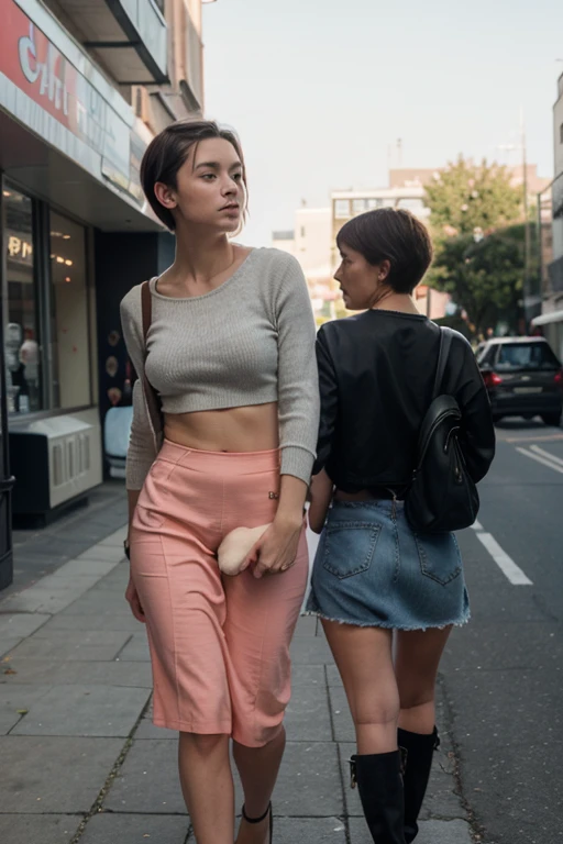 full body shot, 3D realistic photo, a 30 year old woman with short, parted hair wearing a black t-shirt and a tall body is carrying a 30 year old woman, shoulder length hair, wearing a pink t-shirt. amusement park background.