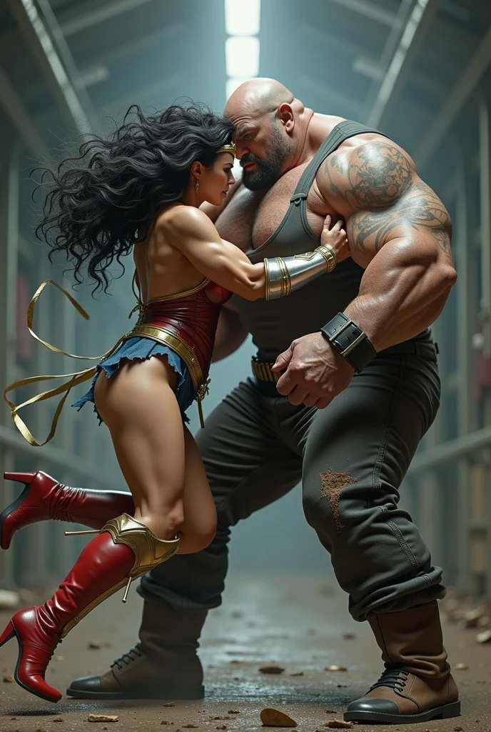 Battle royal between blue eyes, black hair Wonder Woman with ((silver gauntlet:1.2)), ((Red knee high boots:1.2)) and massive fat man in grey suits and bald head. They are punching each other in the warehouse. Wounded all over. They are very sweaty. ((destroyed clothes:1.3)). Torn and tattered costumes and spats, ((clenched fist)). very delicate muscles. Looking at each others. bare shoulders, mature, sexy, elastic muscles, (muscles:1.2), ((strong and healthy body)), long legs, curves, (big breasts:1.2). ((wet with sweat)), concept art, realistic,