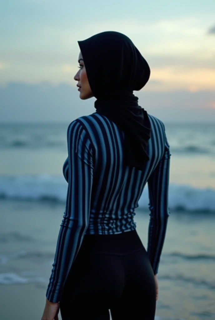 RAW photo,dark,moody,hazy atmosphere,35mm focal lenght,underexposed,cold,candid photograph,artistic,full body,photo of a beautiful,influencer,30yo Iranian woman,black, hijab,detailed skin,naked, looking away from viewer, thick body structure,grey background,no background, candid pose,dim room,blue light, film grain, kodak color, instagram LUT