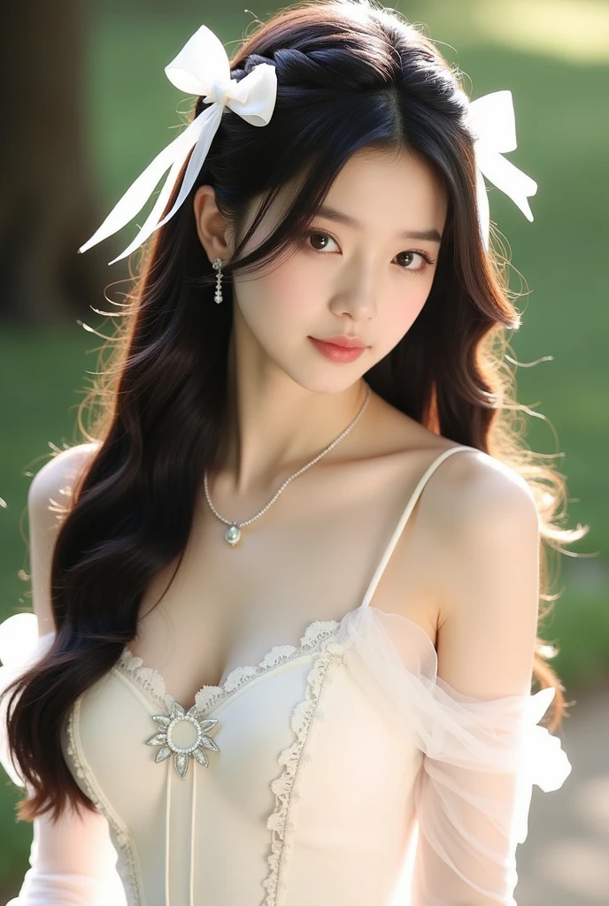 8k resolution, a stunning beauty, front view, long flowing hair, stylish dress, sweet smile, beautiful face, hidden hands, blushing, starry eyes, rich pastoral background, blue sky and white clouds, 3D animation rendering, symmetrical center position, detailed background, exquisite scene depiction, exquisite character depiction, super fine details, dreamy, beautiful, soft lighting, exquisite wallpaper