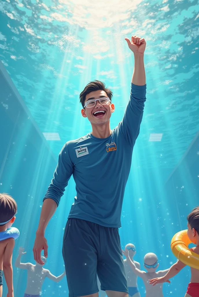 A boy playing with penguins, a sunny beach, surfing, illustrations, vibrant colors, best quality, realistic, detailed eyes, beautiful lips, playful atmosphere, joyful expression, flowing beach dress, surfing board, waves, palm trees, warm sunlight, cool sea breeze, sandy beach, happy penguins, water splashes, clear blue sky, summer vibes, endless horizon.