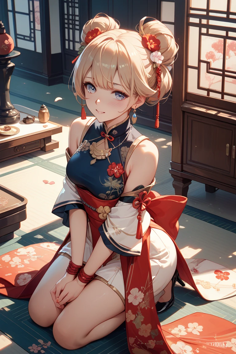 Top image quality、Realistic and detailed image of a girl wearing a cheongsam. Blonde bun hair. Eyes are blue. , long eyelashes. She has small breasts, Slim waist, wide hips,A slender. Sleepy look, . one leg up, back arched. She was in a Buddhist temple and、、Petals are falling around her.