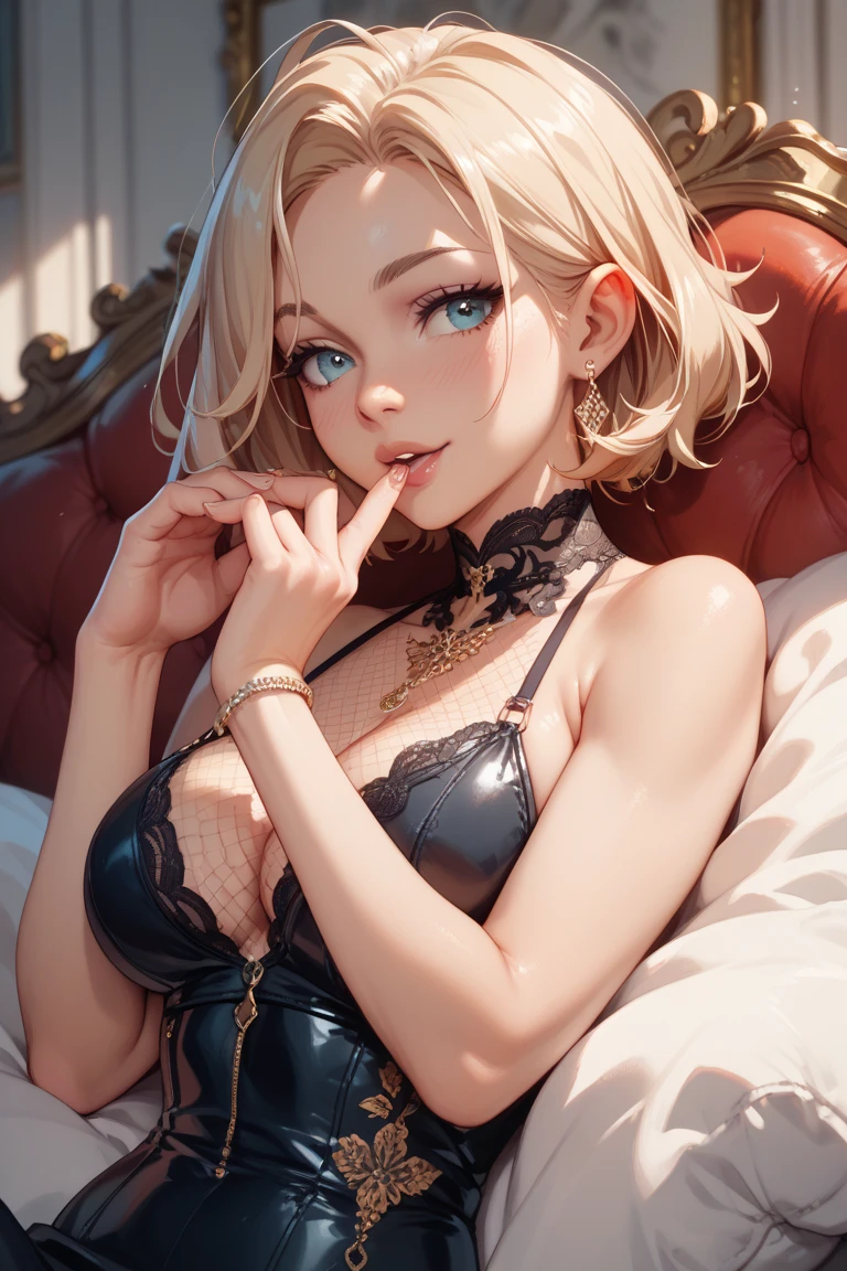 National Science Foundation,masterpiece,High resolution,8K,Art,digit,Three-dimensional,Realism,Kyoto Animation Style,Your name style,looking into camera,Soft Light,Glowing skin,(Huge breasts:1.2),(1 female: 1.3),(alone: 1.4),(((blonde))),(Gorgeous,Sparkling black lace bra and briefs),(Gorgeous閃閃發光的黑色蕾絲過膝長襪),(ruby hairpin),(Small,ruby necklace),(Small,ruby earrings),Long eyelashes,Slender legs,Short Bob,Close-up of upper body,Close-up,lying down,(Eyes as deep as the starry sky),(open mouth),(blush),(shy),(lovely and delicate),(Pitiful),(cry),(pain),(shed tears),(((sadness)))