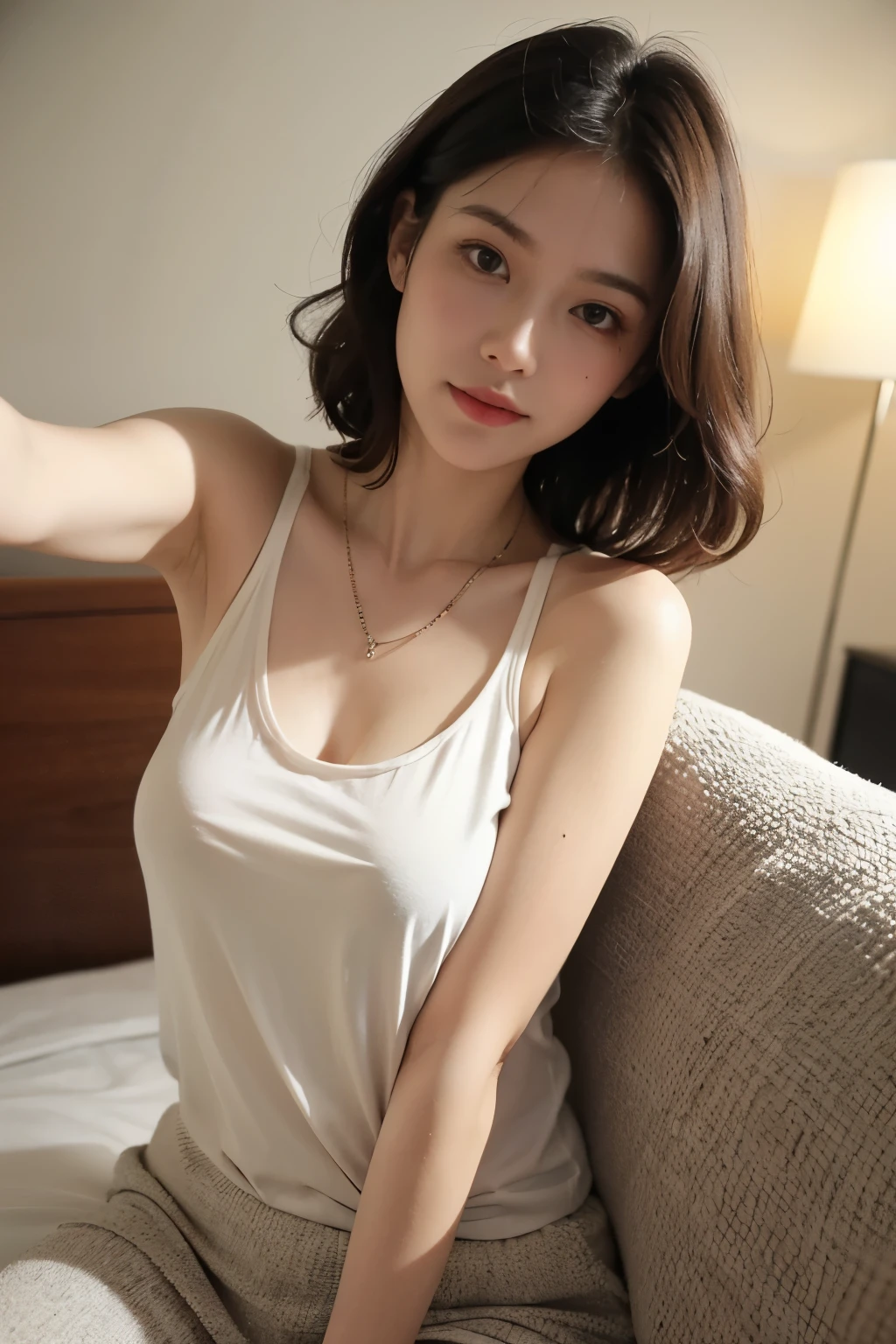 highest quality, very high resolution, (realistic:1.4), (Accurate reproduction: 1.4), big breasts, facial details, fine eyes, very short hair, 20代前半のlikeい女性を想像してください, Soft, A round face that exudes gentle charm. Her hair is cut into a neat bob that is swept just above her shoulders, Frame your face with subtle waves that catch the light. Women's eyes are alive with a sparkle of joy, her lips curled with satisfaction, gentle smile. she is wide々I'm sitting in my bedroom, The morning sun is shining through the large window next to her., Radiate a warm glow、like々Enhances beautiful skin.
She is wearing a crisp white shirt dress, Buttoned properly in front, Hem ends at mid-thigh, Proposing relaxing yet stylish homeware. The fabric has a silky shine, Suggest software, Comfortable material perfect for relaxing indoors. her attitude is casual, While placing one hand gently on your waist, the other is lightly touching the edge of a dark wooden bed frame, Contrast with light-colored bedding that is rumpled from a night's rest, huge breasts behind her, You can see the cityscape from the window, A group of skyscrapers rising against a clear blue sky. The contrast between the quiet indoors and the bustling city outdoors、A sense of personal haven amidst the hustle and bustle of city life。. In this scene、A moment of stillness、The simple elegance of a peaceful morning is condensed.。.