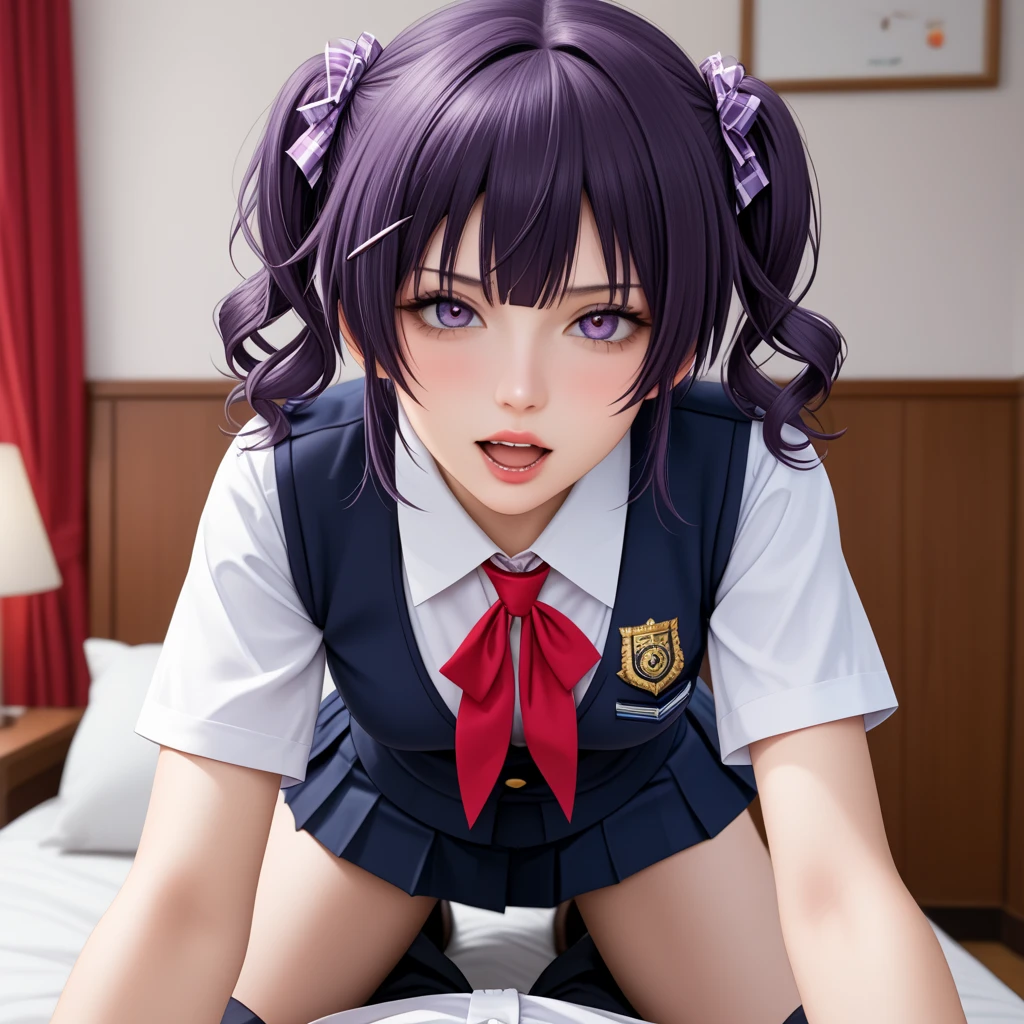 ((best quality)), ((highly detailed)), masterpiece, (detailed eyes, deep eyes), (1girl), dynamic angle, cowboy shot, mlprarity, woman, smile, looking at viewer, ((purple hair)), ((blue eyes)), ((high pigtails)), naked, slight smile (indoor, classroom), uniform, pleated skirt, cardigan, white blouse, flashing breasts, ((exposed breasts, nipples)), graceful pose, removing dress, undressing, lifting skirt to reveal cotton panties, panties with a bow on front