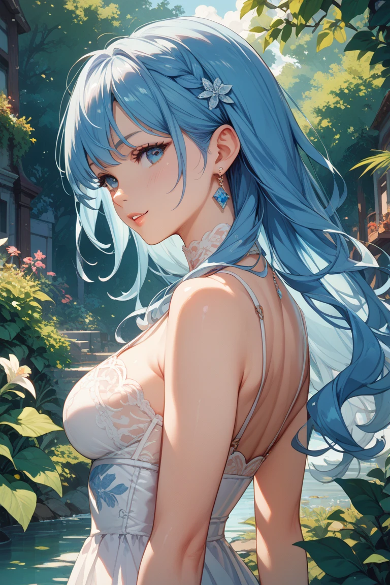 (masterpiece), (best quality), (ultra detailed),(disheed hair),(illustration), (1girl), (Fashionable clothing), standing, Fashion model, looking at viewer, (interview), (simple background), beautiful and delicate eyes, delicate beauty, floating, (high saturation), (colorful splash), colorful bubbles, (shine), focus on face, ponytail, Ayaka Kamisato, light blue hair, bangs, hair circles, floating flowers, flowing hair, (shiny), best lighting, best shadow, naked big breasts
