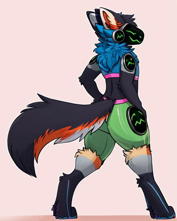 Protogen and cat hybrid, furry, green fur with green colored cat stripes on legs arms tail and waist, horns, fluffy neck and chest, femboy, very long blue emo hairstyle on head, blue screen face, long fluffy tail, thick thighs, huge ass, multicolored hair, cat ears, high details, best quality, wearing femboy clothes