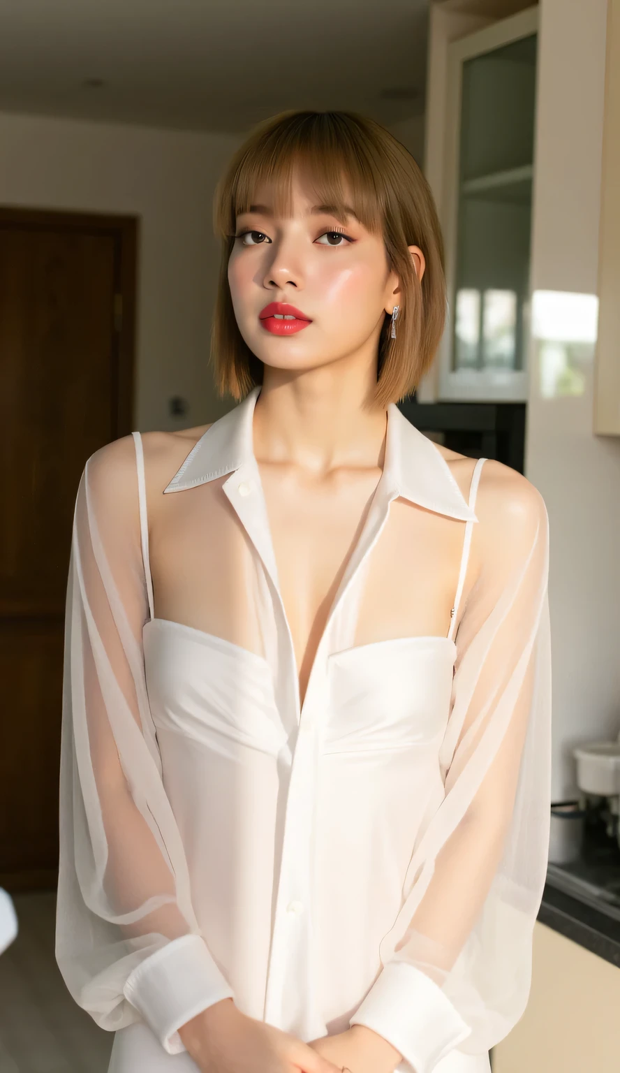 a woman, just woke up , standing in the kitchen, front facing, transparent white satin material oversize shirt, Big , red lips, hair wolf cut,