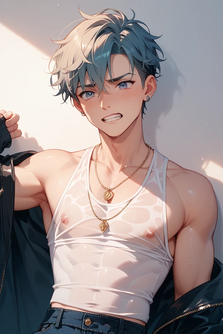 Kimishima Ikuto、17 years old、(1:boy)、((Hairstyle:Silver short hair, Outwardly curled hair)), Slanted Eyes、Brown eyes、Perfect Anatomy、whole body、Sexy smile、 ((Large sweaters)),Thin flat chest、Thighs