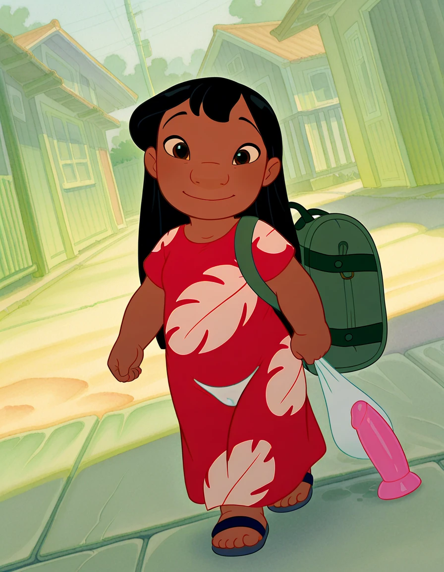 LilOl&Sil ,  ,

masterpiece, best quality, amazing quality, 

dark skin, brown eyes, black hair, long hair, ,
 
red dress, white pattern, short sleeves, sandals, white ,

outside, suburbs
portrait, 
looking at viewer, 
Dutch Angle, 

1 girl, femele,
travel bag,  toys  in the bag,
little smile, walking,
lines of motion, lines of motion,  