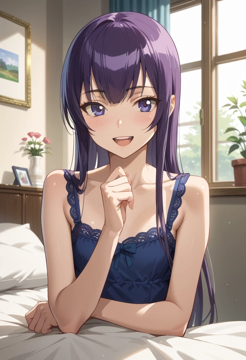 ((top quality)), ((masterpiece)), (be familiar with), perfect face, indoor, bedroom, watching viewers,
One woman, Saeko Tokushima,
open mouth, ecstatic expression, blush, smile,
 small , flat chest, Young girl,  lori, ren, girl,
long hair, long hair,
opening,