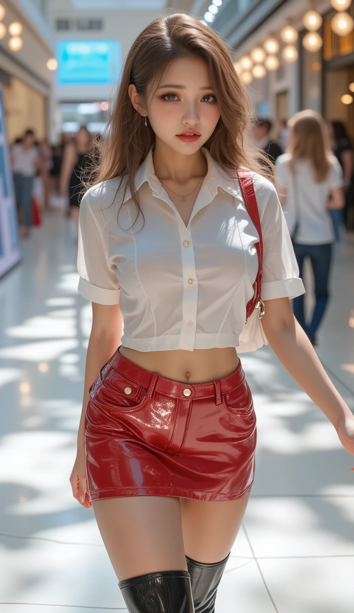 4k, realistic, charismatic, very detailed, there is a girl in the sky, dressed in a super girl costume, she is a super girl, superhero theme, blonde short hair, ponytail, 20 years, full body, (detail in the eyes), (detail in the face), incredibly beautiful, blue eyes, blush, makeup, ((red lipstick)), ((miniskirt)), (wide hips),  (thick thighs), small breasts, dress,, seductive pose, (extreme hourglass figure), thin, svelte, white skirt, boots, ((tight t-shirt))