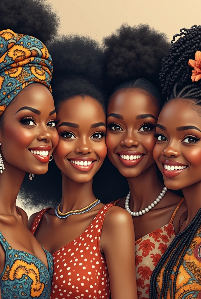créer une image de cinq copines voulant mettre en valeur leur beaux cheveux crépus, elles sont des afro haïtienne, avec des perles, charbonniers, boucles d'oreilles ankh, habits traditionnels folklorique. Elles marchent dans le jardin botanique très coloré de Martissant, Haïti. avec sa amie Jesula, afro haïtienne, cheveux crépus avec un barrette coloré bien habillé, elles sont très joyeuses. Sachant que Atabey vodouisante et Jesula protestante. Titre du livre "Les cinq copines pour la vie".