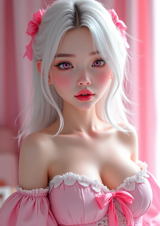 (1girl), red eyes, white hair, pigtails, freckles on nose, long hair, x ornament, big lips, pretty lips, ((gyaru)), gyaru hairstyle, ornaments, babydoll dress, seductive anime girl, thicc, cute anime, bathroom, plant, ceiling, pink bathroom, lipgloss. lip focussed, lips, lip focus