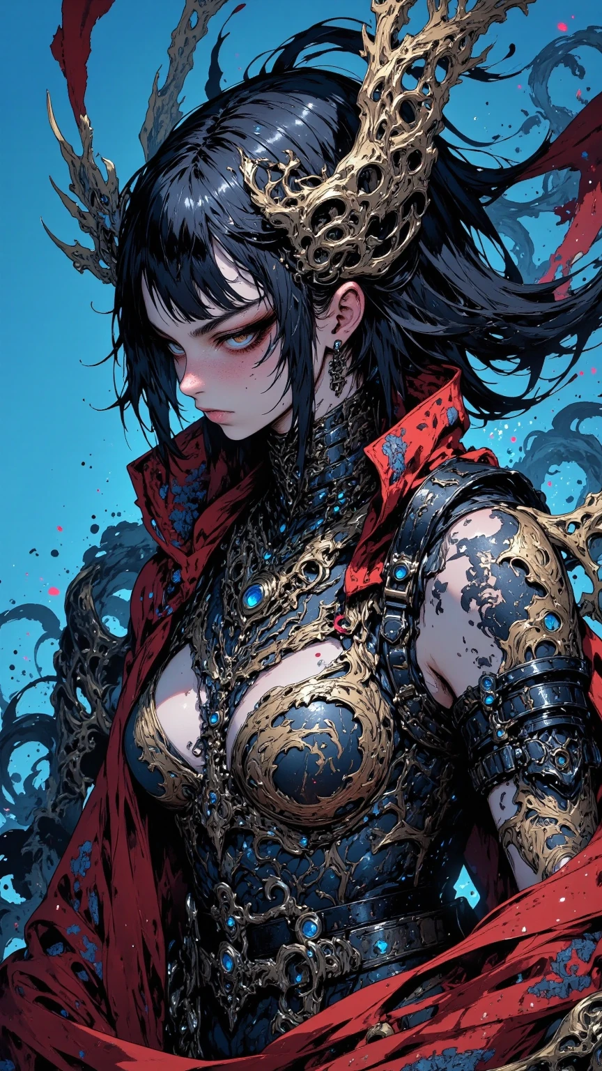 Ultra-realistic 8k CG,masterpiece,((ultra-detailed background, delicate pattern, intricate details)),best quality,very detailed face,extremely detailed eyes and face,(extremely detailed eyes:1.2),(masterpiece:1.2, best quality),MuzanFemale,1girl,red eyes,elegant gown ,black hair,solo,red lips,makeup,hair ornament,earrings,jewelry,solo,long hair,closed mounth,cinematic lighting,demonic ritual,demonic,red particles,detailed background,complex structures,hyperdetailed sharp face,dynamic pose,Sunny day,Sun,Light,Tindal effect,Ancient towns in Japan,Charming posture,Cloud,(fantasy illustration:1.3),enchanting gaze,captivating pose,otherworldly charm,mystical sky,soft colors,(detailed cloudscape:1.3),(high-resolution:1.2),ulzzang-6500,
