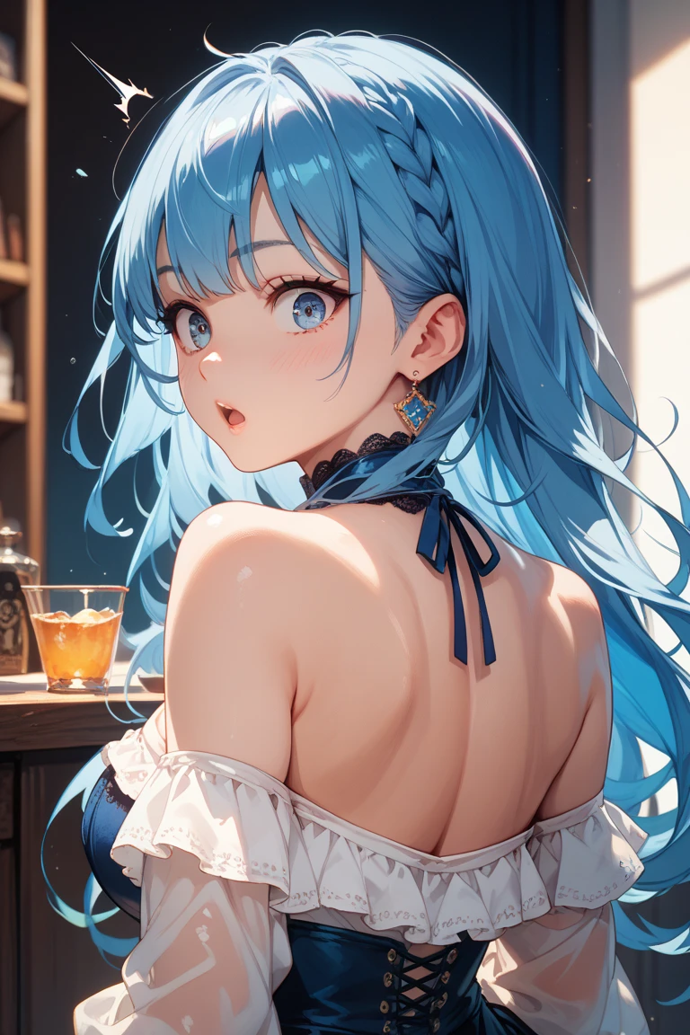 Light blue hair, long hair, yellow eyes, massive boobs, collarbone, ponytail, bare shoulder, short dress, sitting, arms up, armpits