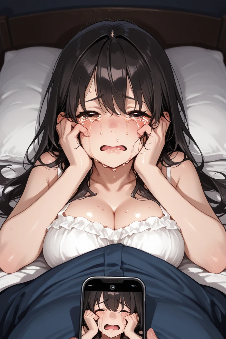 masterpiece, best quality, highly detailed,high resolution,2d,BRAKE
girl,oversized t-shirt,white t-shirt,off shoulder,nipple peal,nipple slip,panty,bare legs,cleavage,sitting,Yawn,open mouth,closed one eye,on bed,hand on bed