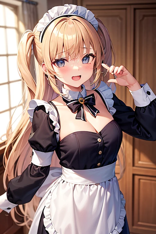 masterpiece, best quality, highres, op1, animal ears, hairclip, hair bow, streaked hair, <lora:omaru_polka_v1:0.7>, maid, maid headdress, maid apron, indoors, smile, open mouth,