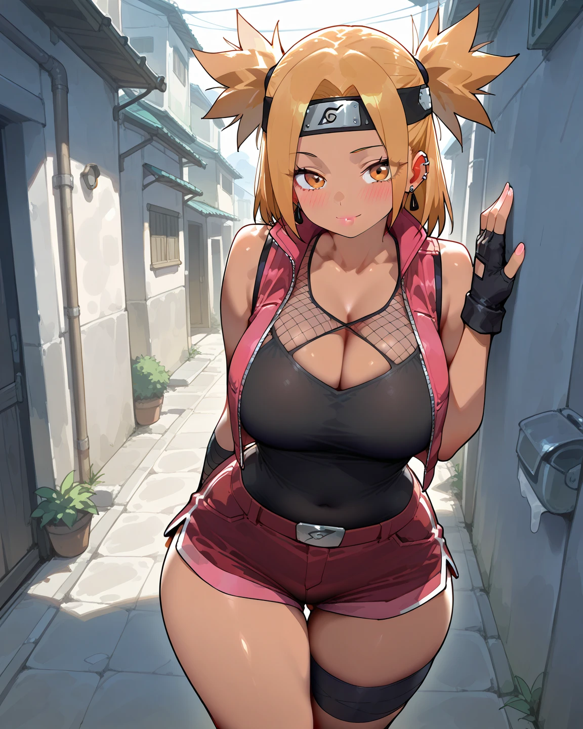 (photorealistic toga working as a prostitute, teenager, ), detailed face, facing viewer, dusk, masterpiece, breast indentation, dark lipstick, eyeshadow, hyperrealism, massive breasts and ass, (slingshot swimsuit, wedgie, pubic hair),(setting is a street corner in a slum, medieval japan), massive breasts, m cup breasts, saggy large breasts, lipstick, sexual pose, slutty, narrow shoulders, tight waist, tattoos, leaning forward, posing seductively, standing with spread legs, facing viewer, saggy breasts