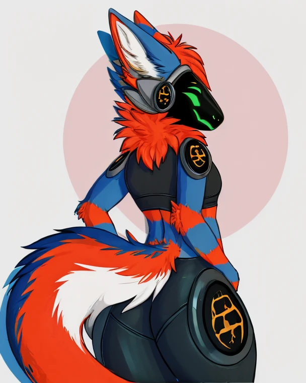 top quality, best quality, by dabaicai, High-quality illustrations, masterpiece)(kemono, furry anthro), round, female, arctic protogen, blue visor, slim body, fur, fluffy, big breasts, wide hips, fluffy tail, bikini, massive, sexy, perfect, big breast, nipple show, punk hair, visor, blue visor, blue leds, protogen, ((PROTOGEN HEAD)), PROTOGEN VISOR