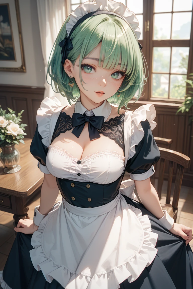 ((masutepiece)), ((Best Quality)), ((8K)), High resolution, 1girl in, Cat ears, Sunlight, vila, Green eye, aqua hair, a pixie cut, braid, pale skin, braided bangs, furrowed brow, Large breasts, maid