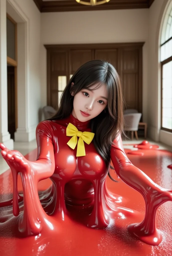 masutepiece,A hyper-realistic,32K,the Extremely Detailed CG Unity 8K Wallpapers, Best Quality,Gorgeous Japan Woman,(red leather Gothic Dress),(Colorful long hair),gal makeup,Mouth open,(On all fours),resturant,(Full Shot),(Have a bottle of liquor),Smile,facing to the viewer,