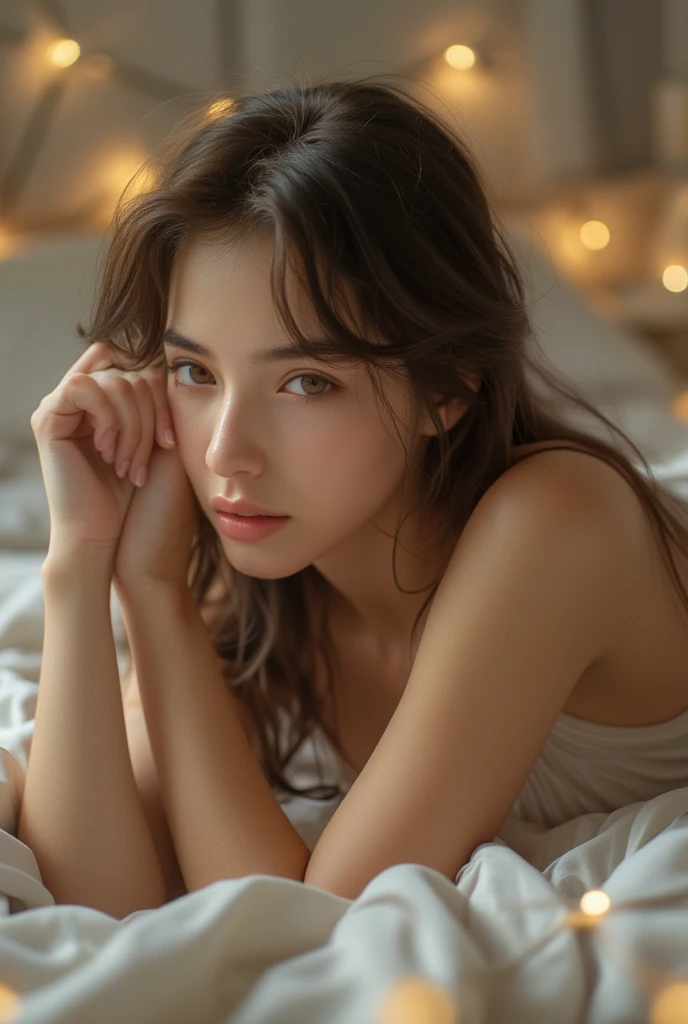 belle femme rousse in bed, taches de rousseur, maquillage sombre, Hyper detailed photography, Soft Light, head and shoulders portrait