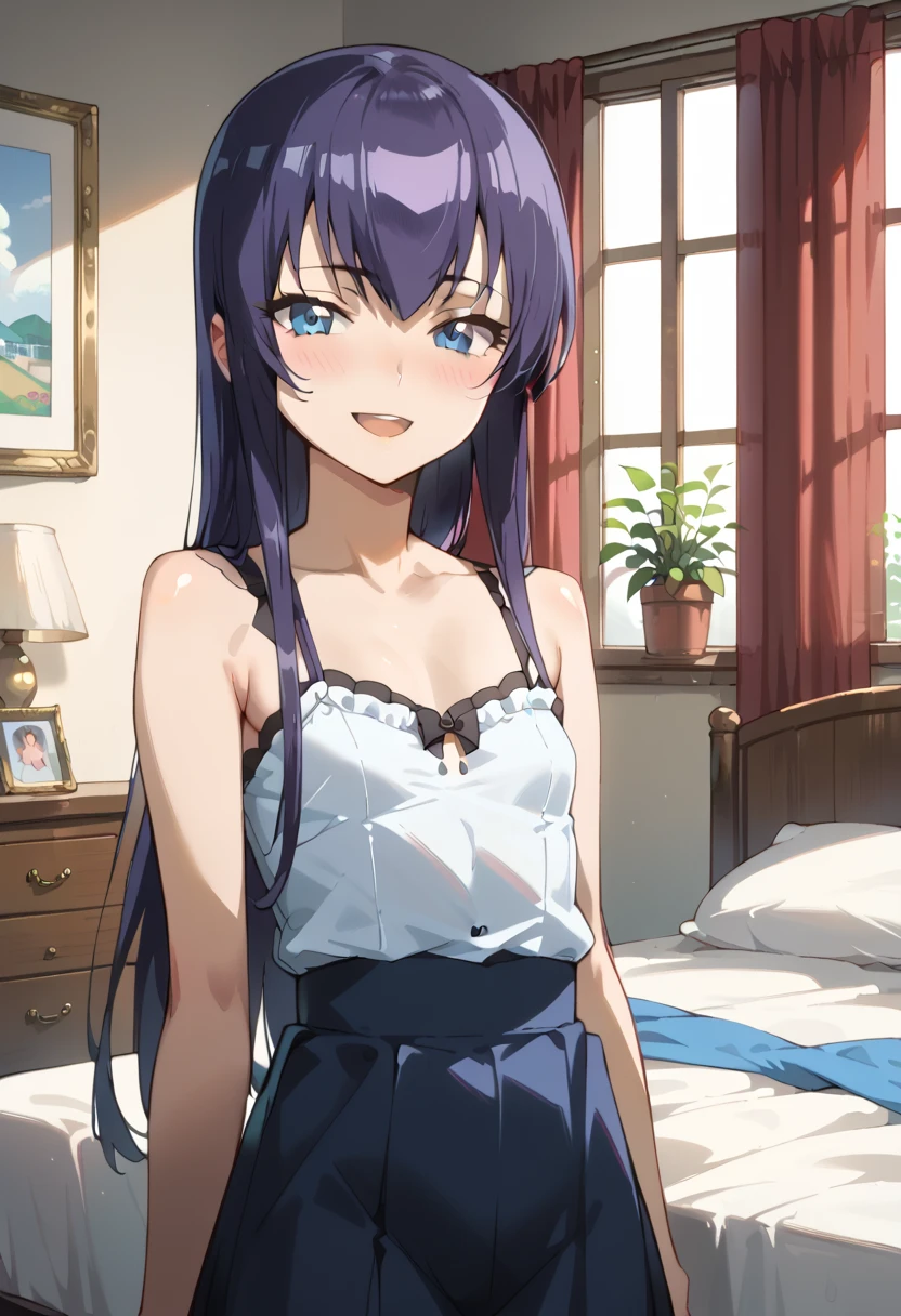 ((Top Quality)), ((masterpiece)), (be familiar with), perfect face, indoor, bedroom, watching viewers,
One woman, Saeko Tokushima,
open mouth, ecstatic expression, blush, smile,
small , flat chest, Young girl, lori, ren, girl,
long hair, long hair,
opening,