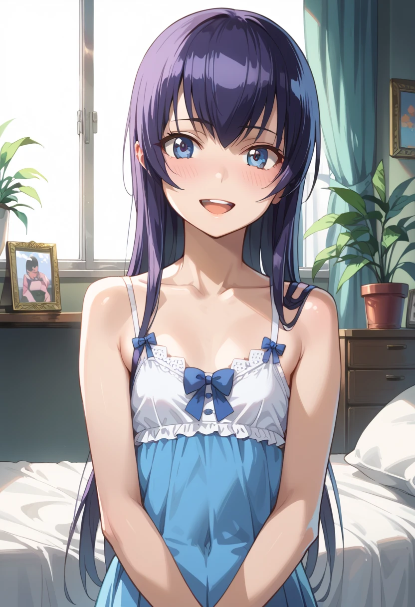 ((Top Quality)), ((masterpiece)), (be familiar with), perfect face, indoor, bedroom, watching viewers,
One woman, Saeko Tokushima,
open mouth, ecstatic expression, blush, smile,
small , flat chest, Young girl, lori, ren, girl,
long hair, long hair,
opening,