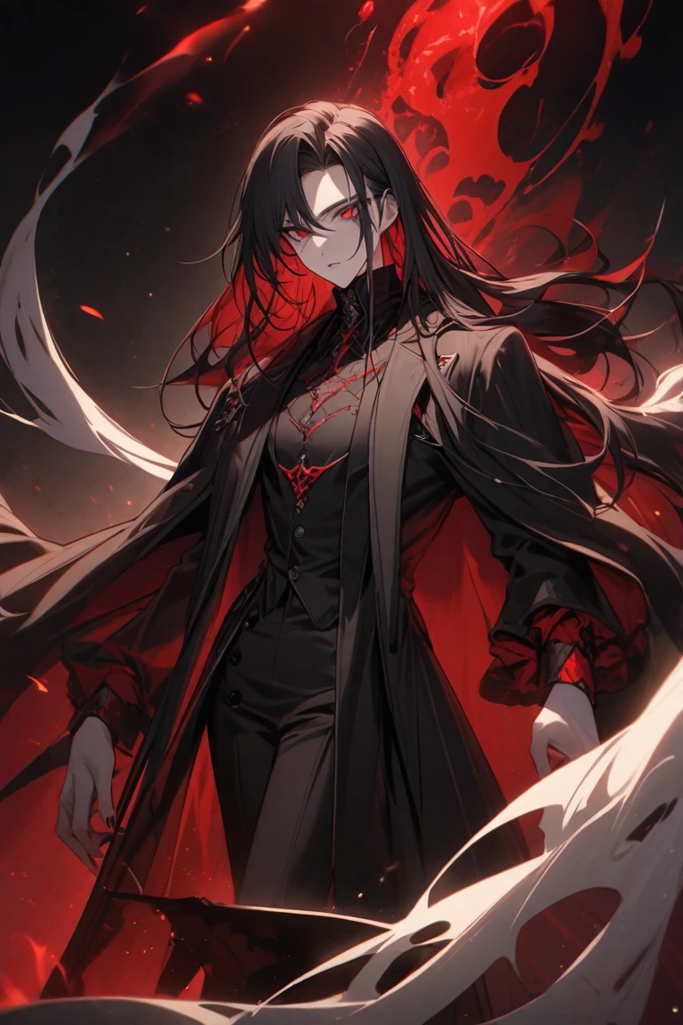 dark black hair. white eyes, red aura, black background, smirking, muscular male, medium-length hair, full body, upperbody, arms in pockets, white shirt, black gem on chest, black pants, upper body only , white cloak,
