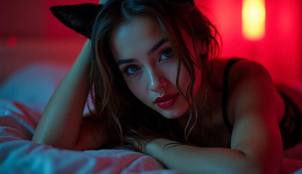 a very beautiful and very thin girl, black pigtails, wears red underwear with tights and latex face mask, lying on bed, ass shot,  dark room with outside neon lighting, viele details, extremely realistic, European comic book aesthetic, good quality, HD, 8k, type font: KINA SOZIOC