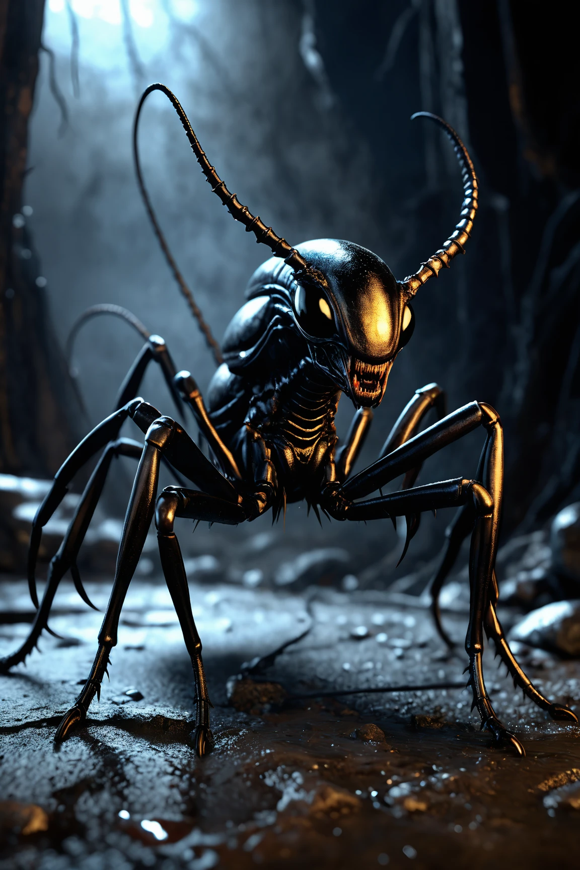 (((Extreme close-up Xenomorph Cockroach hybrid surreal and cinematic images Color Splash images)),(((Front Images)))