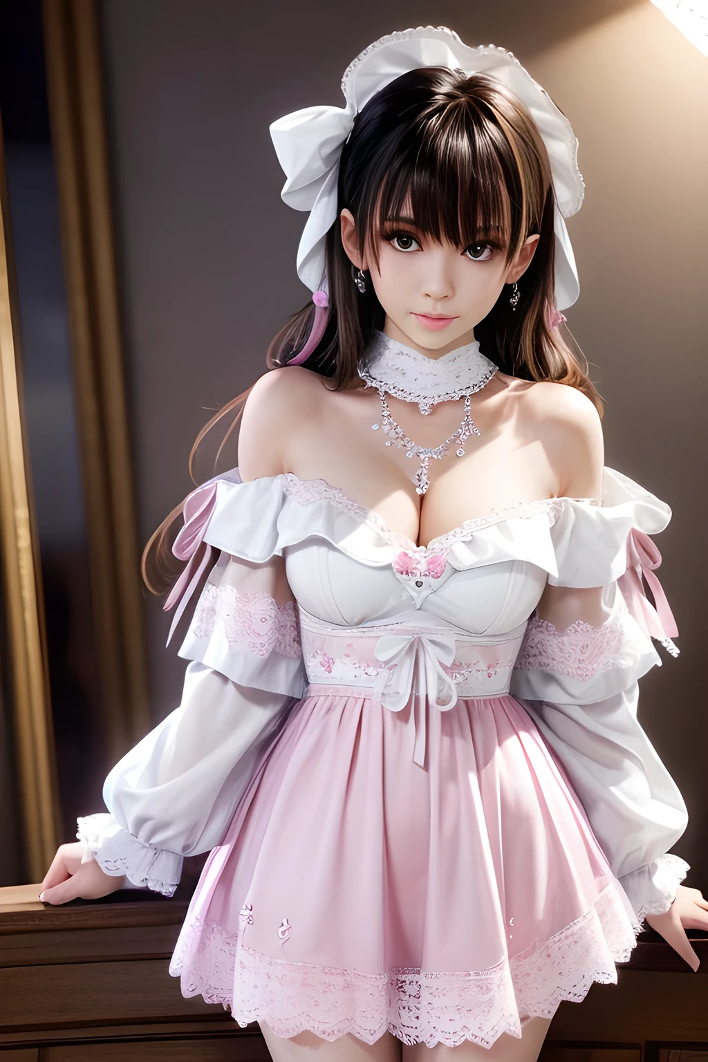 Ulzzang-6500-v1.1, (RAW Photos:1.2), (Photorealistic), (Pieces fly), (Genuine:1.4), 16 years old、1With a girl、1 cute princess、(alone:1.1)、(1 photo:1.1)、(Girly and cute luxury light pink lolita princess dress:1.2)、(Cute big ribbon on the chest:1.1)、(The most extravagant and luxurious giant princess tiara:1.1)、(Huge Jewelry:1.1)、(The most luxurious and finest giant princess jewelry necklace:1.1)、(A top-notch Lolita princess dress with intricate jewelry details:1.2)、(Very intricate and detailed lace decoration:1.1)、(A very intricate and elaborately decorated dress:1.1)、(The most extravagant Lolita princess dress with cute frills and ribbons:1.1)、(The most gorgeous Lolita princess dress with lovely lace decoration:1.1)、(Cute girly lolita wavy hair:1.1)、(short:1.1)、(height: 168cm:1.1)、(Very large face and larger breasts:1.85)、Lots of cute frills、Accentuate your body lines、Slender body、Standing Elegantly、(Beautiful and luxurious palace entrance background:1.2)、(very bright and vivid:1.1)、(Bright and shiny dress:1.2)、Standing Elegantly Girl、Accurate anatomy、Perfect Makeup、Long eyelashes、Glossy lips、Ultra HD glossy skin、(Ultra-high resolution, bright and beautiful skin:1.3)、Ultra-high definition glossy lips、Ultra-high resolution beautiful teeth、Ultra HD beautiful light brown hair、(Body facing forward:1.1)、(Front view:1.1)、Erotic gaze, (Very sexually excited face:1.45)、 ((Very realistic full body shot covered in lots of semen:1.86))、((A room reserved for masturbation))、Sitting on the bed, legs wide open, seducing erotically、((Very realistic huge amount of semen stained girly and cute luxury light pink lolita princess dress:1.75)), Ultra-realistic skin texture、Shiny skin