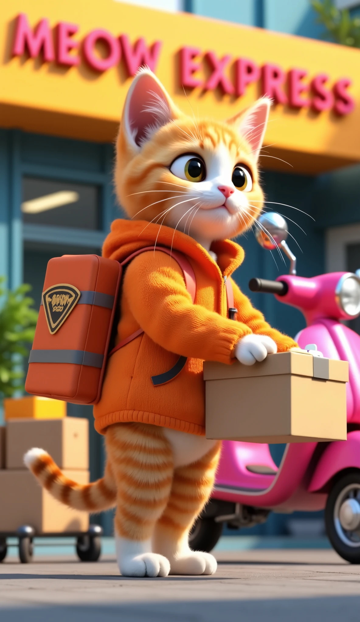 Surrealism, Pixar, 3D Rendering, Japanese Illustration Style, 3d digital art style, vibrant colors, majestic orange kitten in an orange courier jacket standing beside a pink motorcycle, holding a cardboard box. Background: "MEOW EXPRESS" office with bold signage, soft daylight illuminating the scene, scattered packages, and delivery carts. Smooth textures, playful yet industrious vibe.