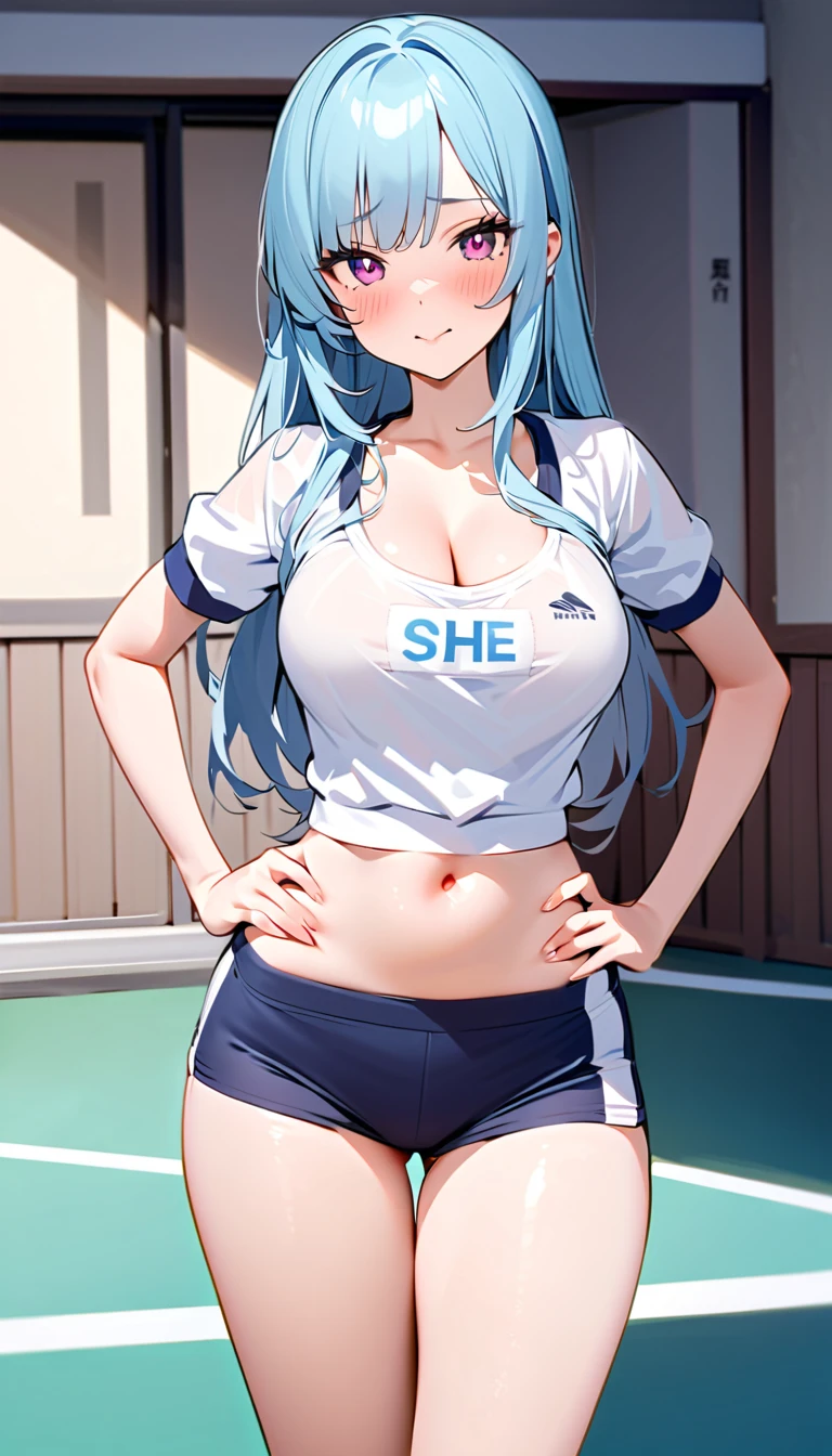 My name is Yukiko.I am a white test woman with long light blue hair,red eye color.I am 1.62 cm tall . My breasts measure 200 cm, my waist 40 cm and my hips 200 cm. Dressed in a black sports bra and short red sports shorts. With big breasts 200 cm