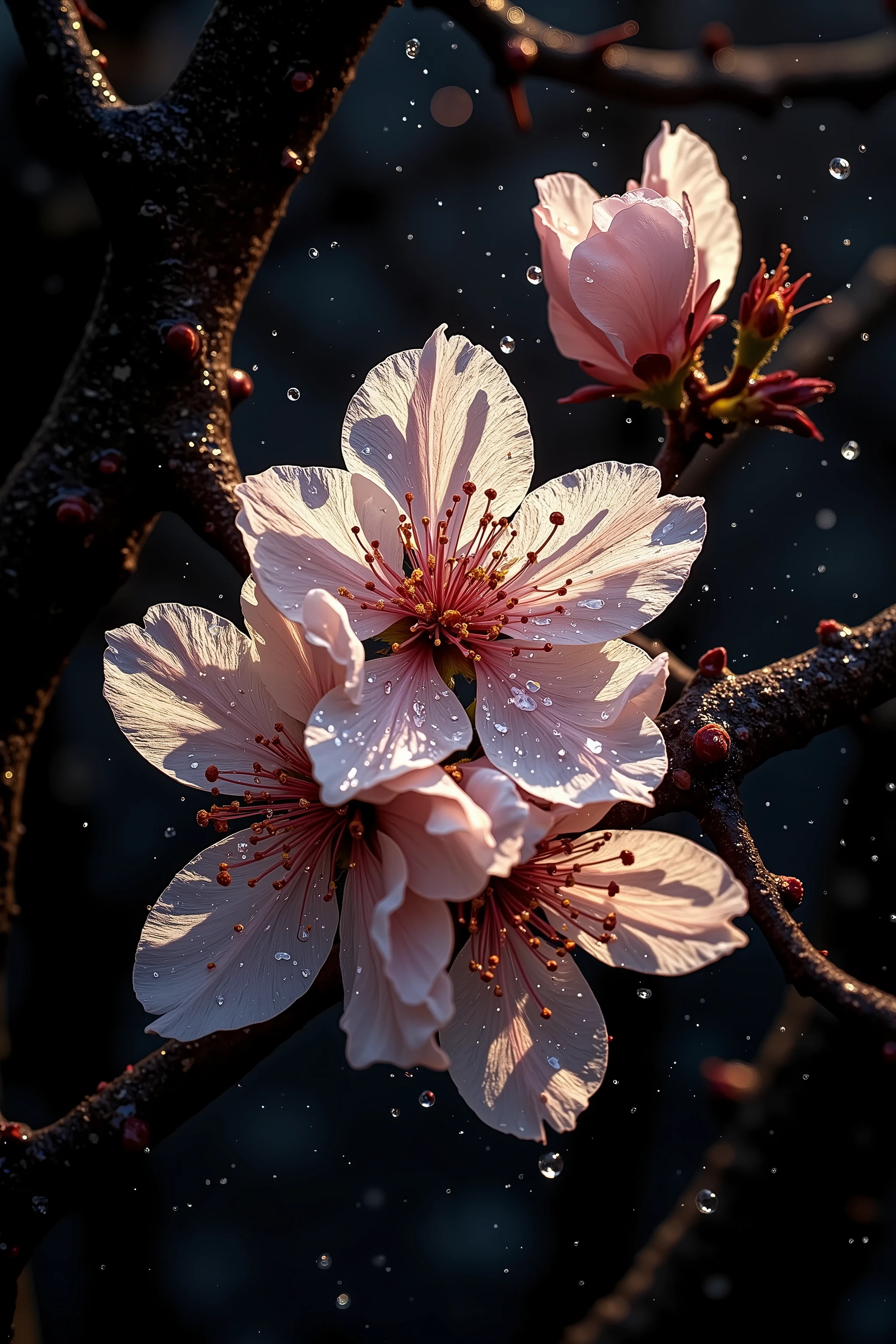 A macro art of microscopic image of a Sakura flower. Simple black background. Blooming Sakura flowers with droplets of water
