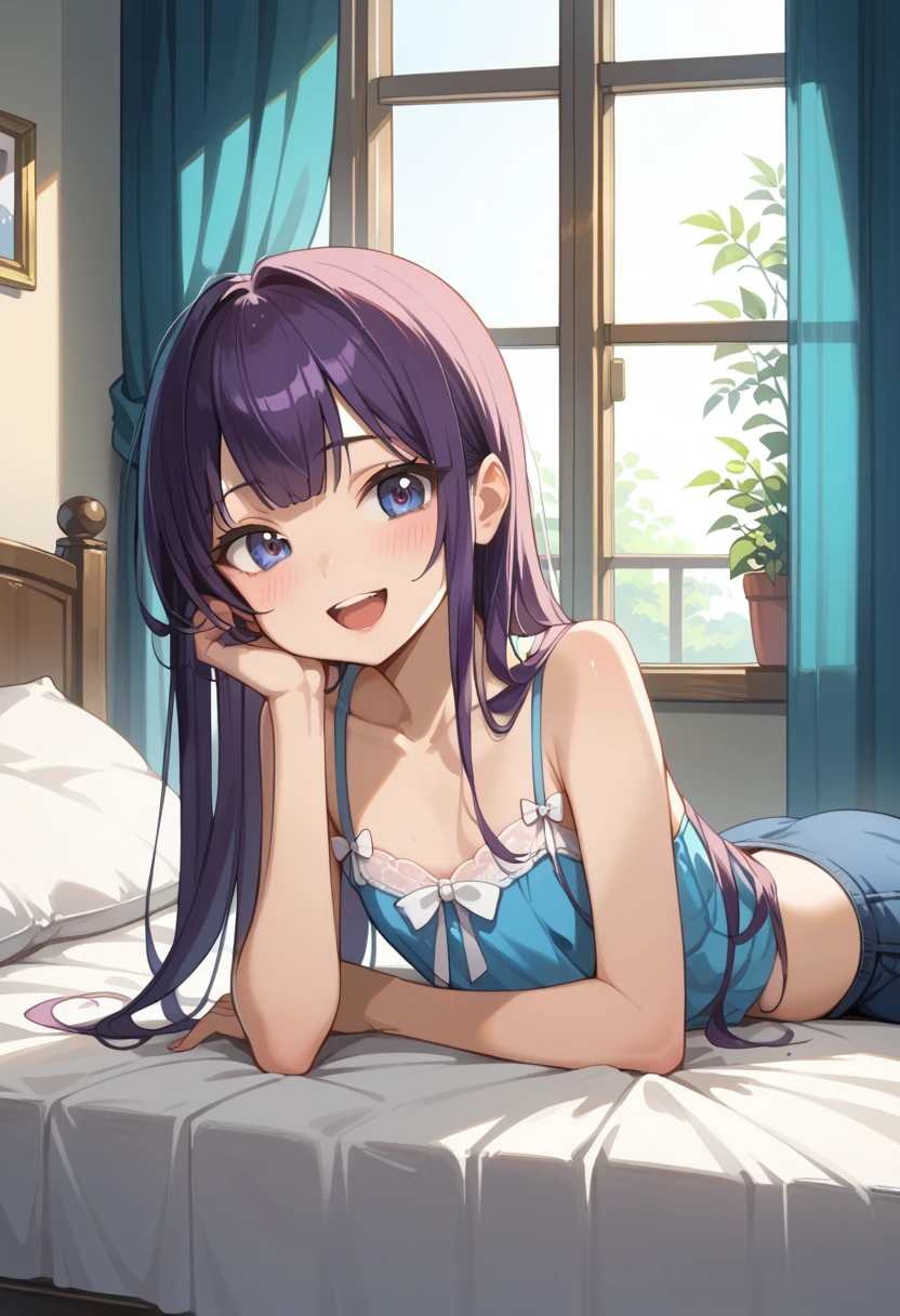 ((Top Quality)), ((masterpiece)), (be familiar with), perfect face, indoor, bedroom, watching viewers,
One woman, Saeko Tokushima,
open mouth, ecstatic expression, blush, smile,
small , flat chest, Young girl, lori, ren, girl,
long hair, long hair,
opening,