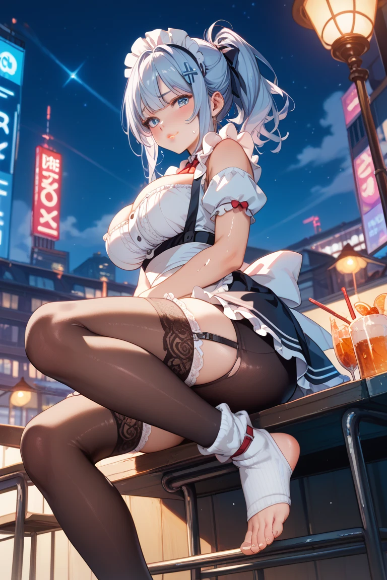 (nsfw:1) short stature best_quality hair streaked pink summer room wear gray hair full body small tits litture thigh high cute child body shape masterpiece plain clothes anime one person medium hair skirlt lift side_tie_panties {{{cameltoe}}} lifted by self