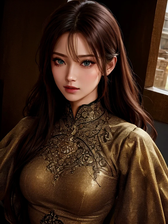 Extreme face close up,Random pose,One girl,(Highly detailed skin),Curvy,,Beautiful breasts,Large Breasts,Pale skin,Pointed Chest,Erect nipples,(Fantasy art,Best image quality,Surreal portrait,(8k),Ultra-realistic,最high quality, high quality, High resolution, high quality texture,Attention to detail,Beautiful details,Fine details,Highly detailed CG,Detailed Texture,Realistic facial expression,masterpiece,Presence,dynamic,bold),(Very fine hairs),(Super soft hair),(Super Straight Hair),Long, slicked bangs,Very light coppery amber hair,Hair on one eye,(Clothes:1.5)