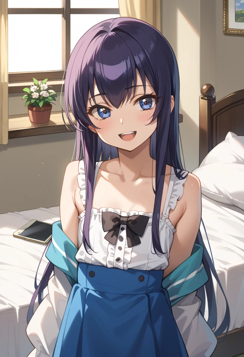 ((Top Quality)), ((masterpiece)), (be familiar with), perfect face, indoor, bedroom, watching viewers,
One woman, Saeko Tokushima,
open mouth, ecstatic expression, blush, smile,
small , flat chest, Young girl, lori, ren, girl,
long hair, long hair,
opening,
