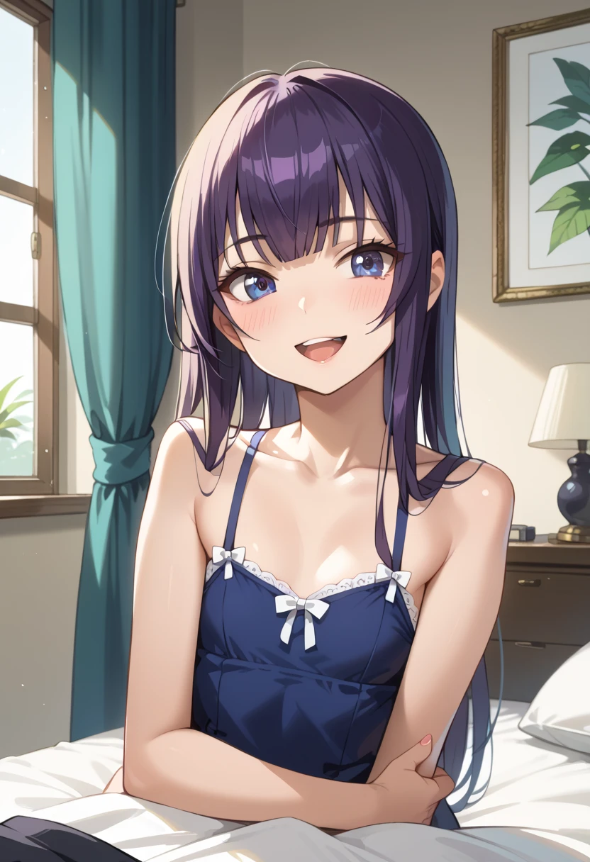 ((Top Quality)), ((masterpiece)), (be familiar with), perfect face, indoor, bedroom, watching viewers,
One woman, Saeko Tokushima,
open mouth, ecstatic expression, blush, smile,
small , flat chest, Young girl, lori, ren, girl,
long hair, long hair,
opening,