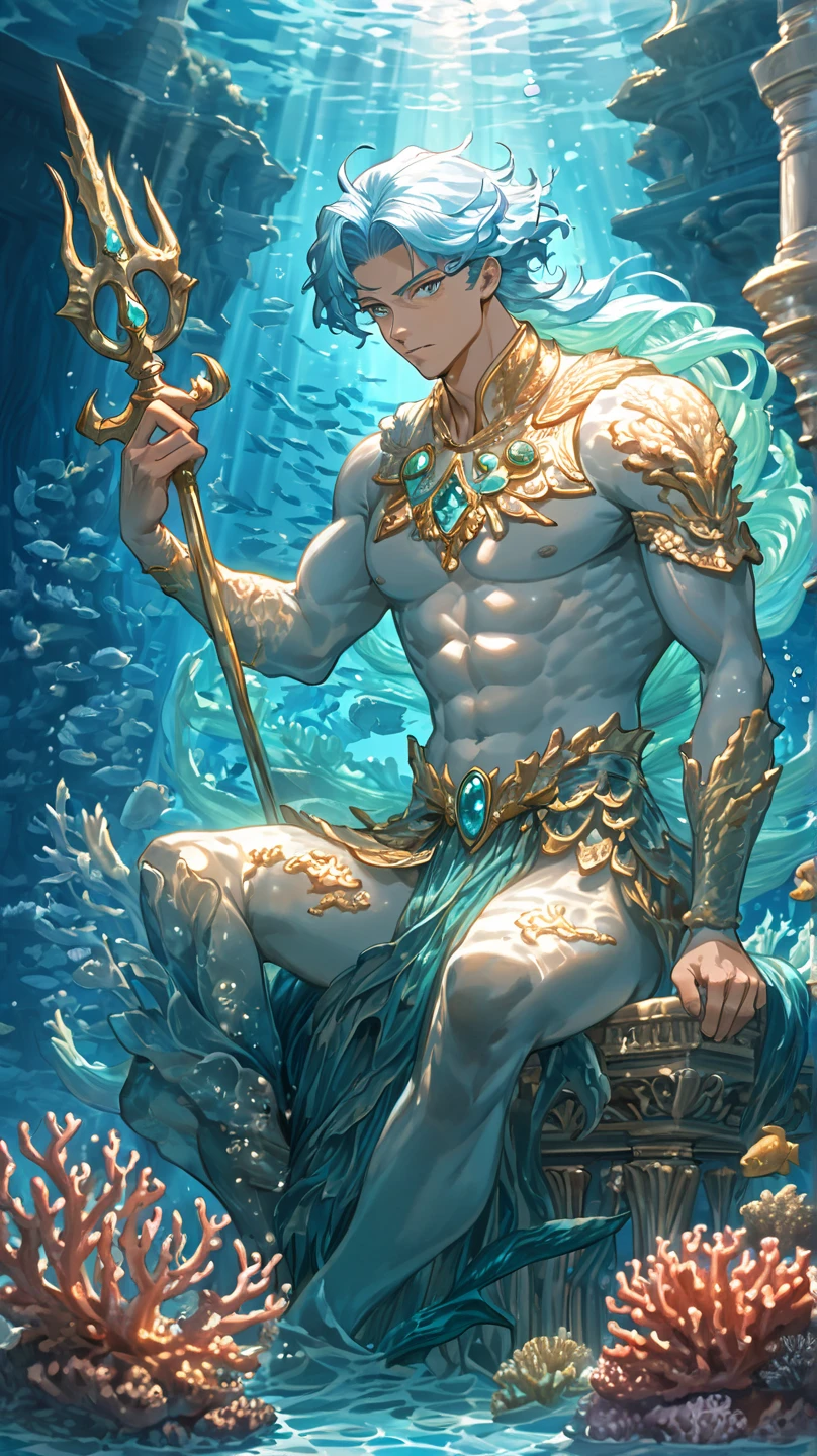 (Young Man Prince) in costume admires a beautiful aquarium (mermaid man), swims (stares intently). Light blue-green water shimmer (long hair: 1.3) with rainbow scales and a strong tail (well-defined muscles) shine in the water (charming and fascinating). face expression, carefully and attentively fish and coral (shining and translucent), bubbles (shining and translucent), Cute Face, Eyes, Scales, Fluorescent, Gorgeous as No Reality,Best Quality, Masterpiece, Ultra High Resolution,8K, Masterpiece, NSFW High Quality,Highly Detailed Wallpaper ,Detailed and exquisite facial expression, Gentle expression,{{{{Men Beautiful Face}}}, exquisitely detailed eyes, shirtless, bare-chested,
