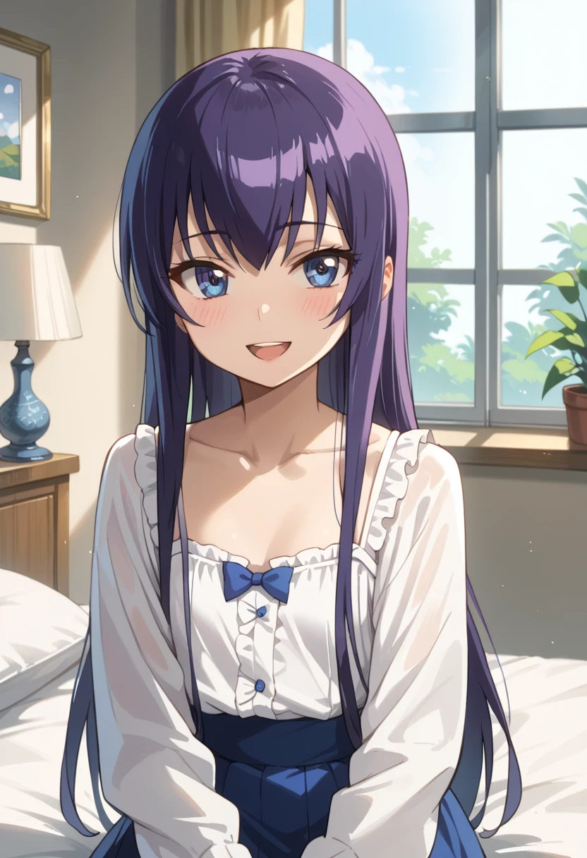 ((Top Quality)), ((masterpiece)), (be familiar with), perfect face, indoor, bedroom, watching viewers,
One woman, Saeko Tokushima,
open mouth, ecstatic expression, blush, smile,
small , flat chest, Young girl, lori, ren, girl,
long hair, long hair,
opening,
