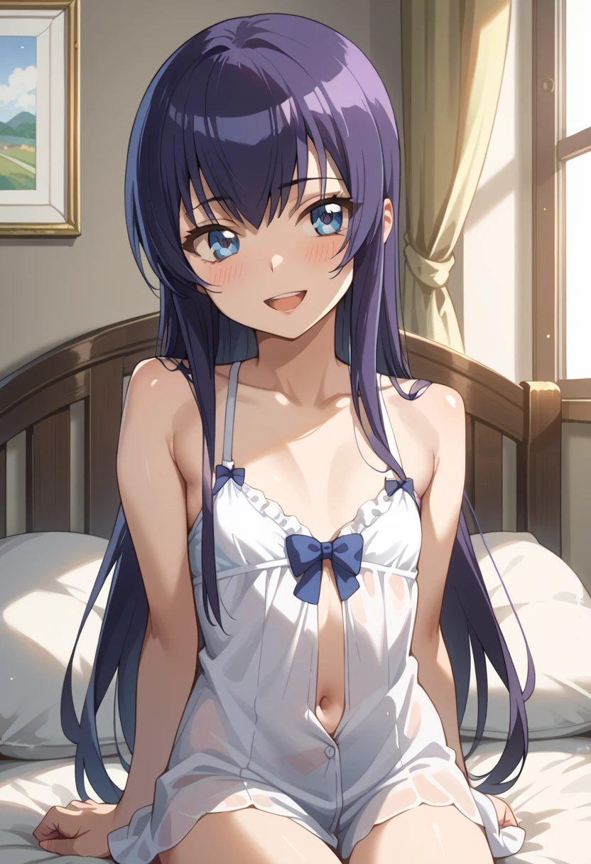 ((Top Quality)), ((masterpiece)), (be familiar with), perfect face, indoor, bedroom, watching viewers,
One woman, Saeko Tokushima,
open mouth, ecstatic expression, blush, smile,
small , flat chest, Young girl, lori, ren, girl,
long hair, long hair,
opening,