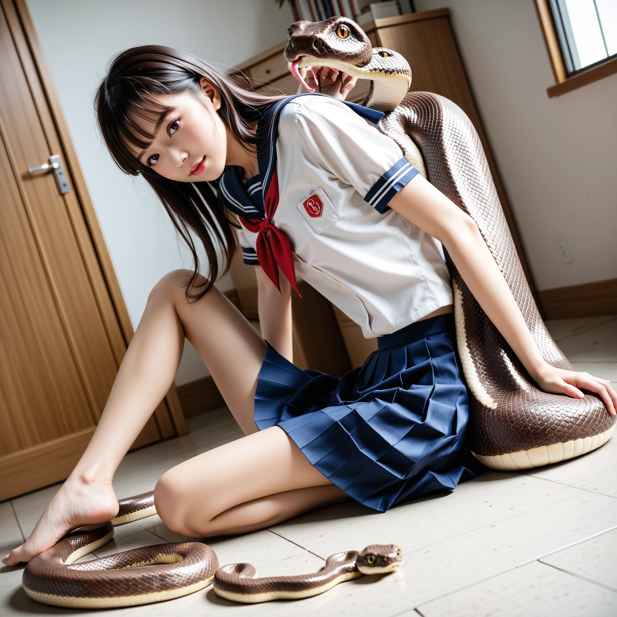 Highest quality,masterpiece,Ultra-high resolution, Very detailed, 8K,a 16 years old beautiful Japanese woman:1.5, Small face, Black short hair, blunt bangs, Breast Augmentation Surgery, (White school-issued gym clothes:1.5, Short sleeve, navy tight bloomers), ((Woman tied up with rope:1.5))、 (Riding a wooden horse:1.5)
