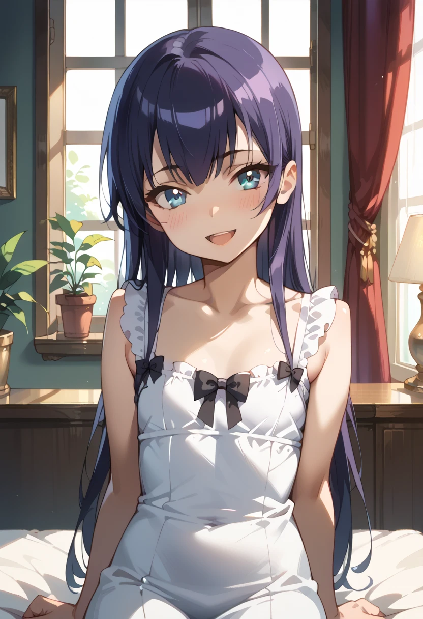 ((Top Quality)), ((masterpiece)), (be familiar with), perfect face, indoor, bedroom, watching viewers,
One woman, Saeko Tokushima,
open mouth, ecstatic expression, blush, smile,
small , flat chest, Young girl, lori, ren, girl,
long hair, long hair,
opening,