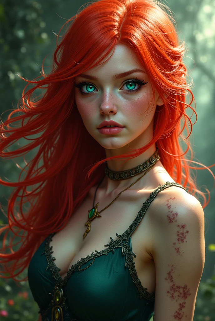 portrait of emb-rebecca with long red hair in fog, photo from beneath, looking down at camera, (round breasts:1.2), red and black clothes, brain fog, friendly, happy, inviting look, seductive, cleavage, cinematic lighting, photorealistic, ornate, intricate, realistic, detailed, volumetric light and shadow intricate, elegant, highly detailed, digital painting, artstation, concept art, smooth, sharp focus, illustration, art by artgerm and greg rutkowski and alphonse mucha, super detailed, red hair