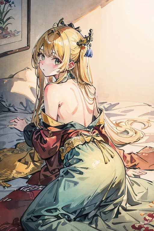 The woman is pushed down on a large bed and naked men put their dicks into her pussy and ejaculate a lot, rape her, groping her all over, gang-raping her, and a lot of semen overflows from her pussy.、((Highest quality)), ((masterpiece)), (detailed), (Perfect Face)、In a Chinese palace, a woman is wearing a Chinese Tiayū, a gorgeous and dazzling Hanfu with lots of gold embroidery, a gorgeous hair ornament, gorgeous jeweled accessories, and an engagement ring.、The woman is an elegant Chinese Tieryu with green eyes and medium-long blonde hair. She is wearing a Hanfu dress with gorgeous gold embroidery all over it.
