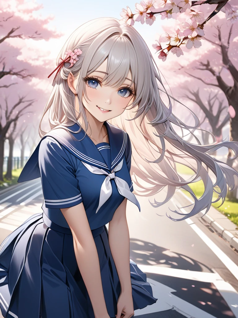 quality:masterpiece、girl、Pale Hair、long hair、Long hair that hangs forward、Flower ribbon on the left hair、The main uniform is a white background with a blue sailor with white lines、blue uniform skirt、soft smile、Cherry blossom tree-lined road 